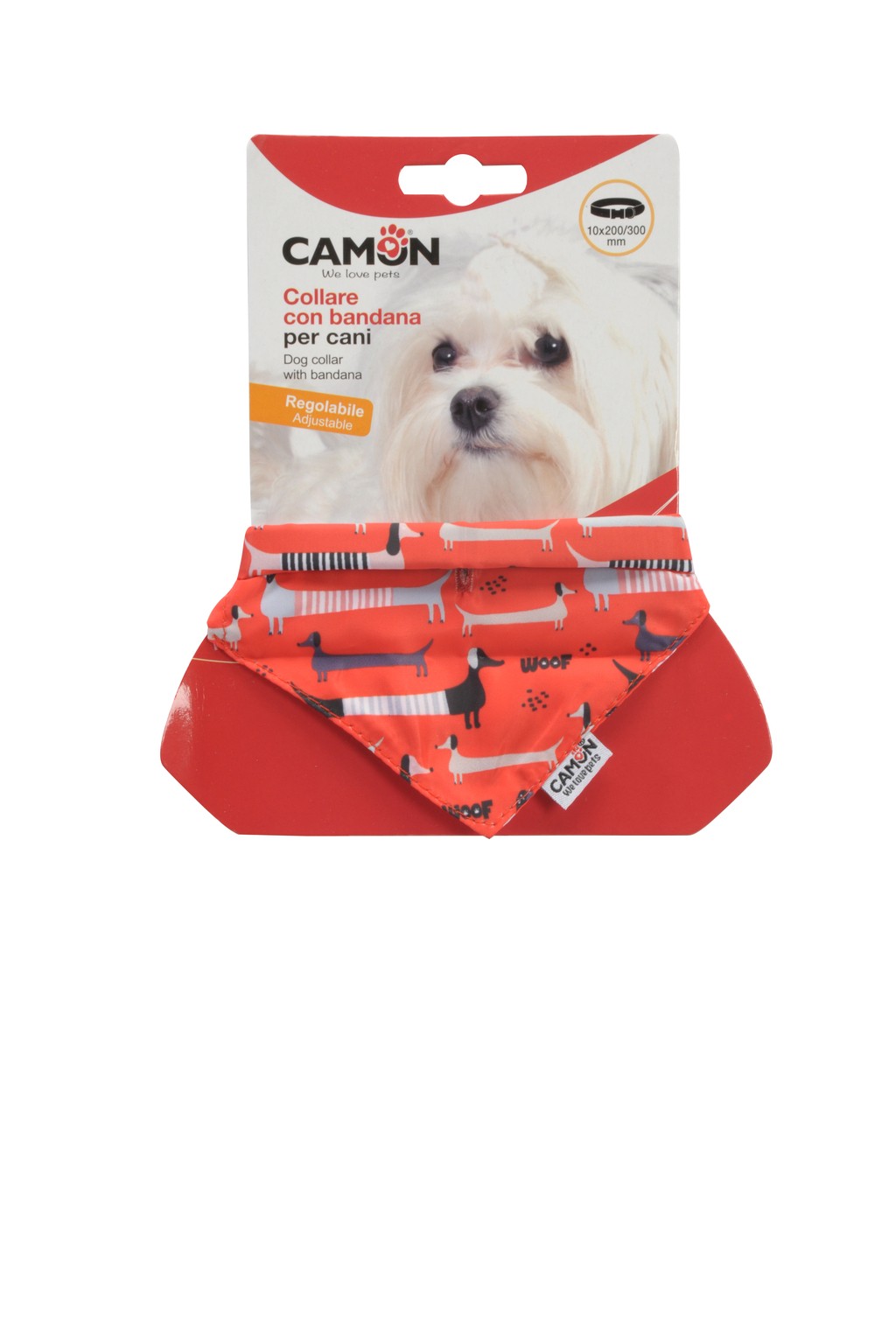 Camon Dc314/a Collare Regolabile 10x200/300mm C/bandana Rossa, Poliestere Stampato - Xs