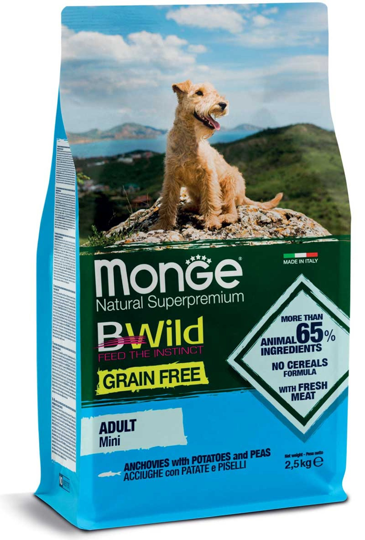 Monge Bwild Grain Free Mini Adult Acciughe Patate Piselli Kg 2,5